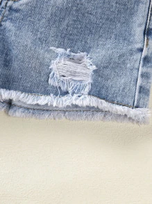 小女童破洞毛邊牛仔短褲 - 淺色水洗藍 - 查看 6