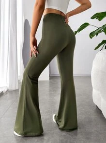 SHEIN EZwear 戶外運動風素色喇叭褲 - 軍綠色 - 查看 2