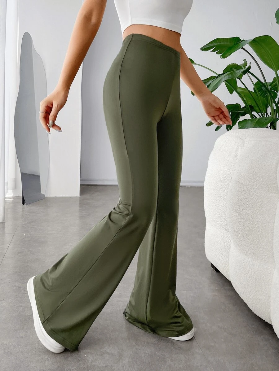 SHEIN EZwear 戶外運動風素色喇叭褲 - 軍綠色 - 查看 1