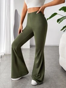 SHEIN EZwear 戶外運動風素色喇叭褲 - 軍綠色 - 查看 4