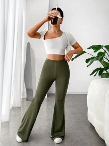 SHEIN EZwear 戶外運動風素色喇叭褲 - 軍綠色 - 查看 5