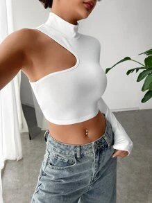 SHEIN BAE 素色不對稱領短款T恤 - 白色 - 查看 1