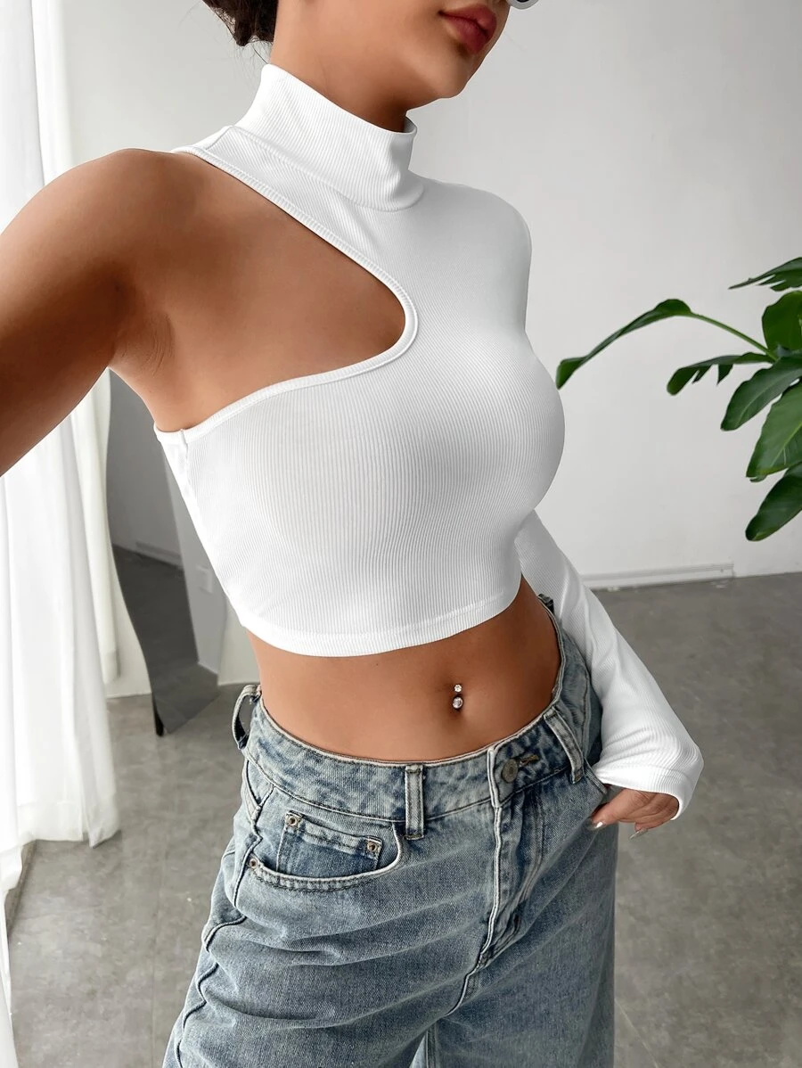 SHEIN BAE 素色不對稱領短款T恤 - 白色 - 查看 1