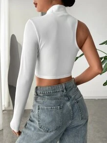 SHEIN BAE 素色不對稱領短款T恤 - 白色 - 查看 2