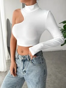 SHEIN BAE 素色不對稱領短款T恤 - 白色 - 查看 4