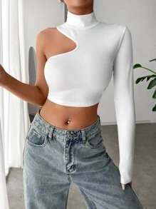 SHEIN BAE 素色不對稱領短款T恤 - 白色 - 查看 5