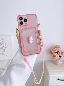 3D Rabbit Decor Card Slot Phone Case With Lanyard