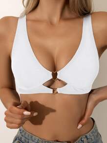 Summer Beach Ribbed Knit Ring Linked Cut Out Front Bikini Top - White - View 1