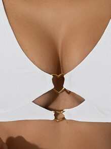 Summer Beach Ribbed Knit Ring Linked Cut Out Front Bikini Top - White - View 3