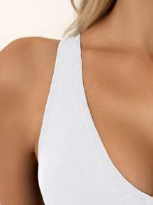 Summer Beach Ribbed Knit Ring Linked Cut Out Front Bikini Top - White - View 4