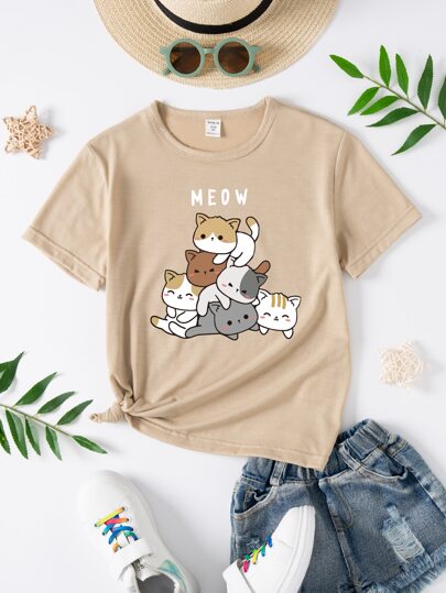SHEIN Tween Girl Cute And Fashionable Cartoon Cat Letter Printed Khaki Short Sleeve T-Shirt