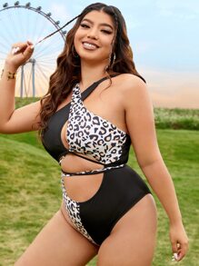 Swim EVENT Plus Leopard Print Crisscross Cut Out Front One Piece Swimsuit - Black - View 3