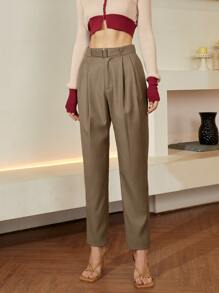 Pantalones de traje unicolor con cinturón - Marrón Mocha - Ver 1