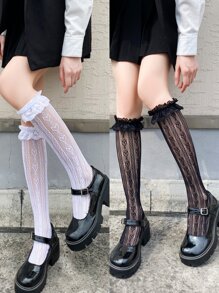 兩雙蕾絲邊高筒襪 - 黑與白 - 查看 1