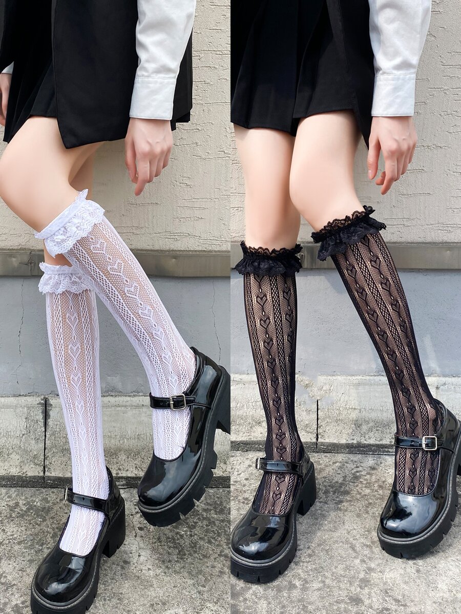 兩雙蕾絲邊高筒襪 - 黑與白 - 查看 1