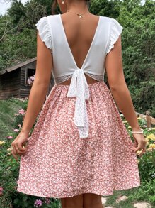 SHEIN Maternity Ditsy Floral Print Contrast Lace Ruffle Trim Dress - Multicolor - View 2