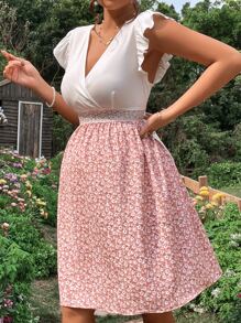 SHEIN Maternity Ditsy Floral Print Contrast Lace Ruffle Trim Dress - Multicolor - View 3