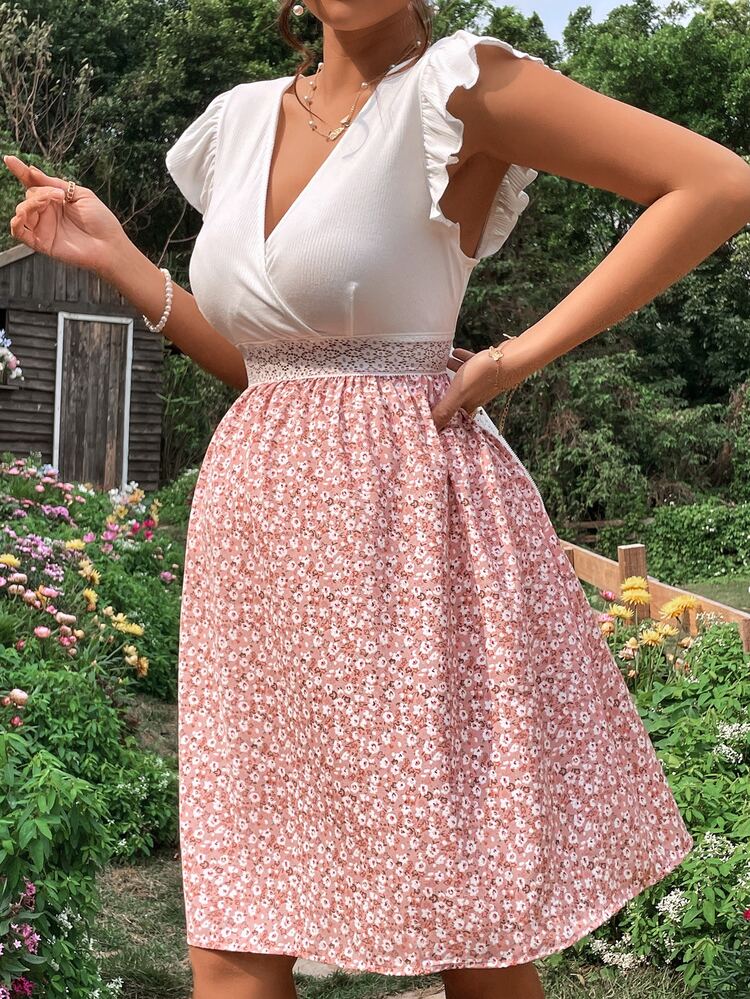 SHEIN Maternity Ditsy Floral Print Contrast Lace Ruffle Trim Dress - Multicolor - View 3