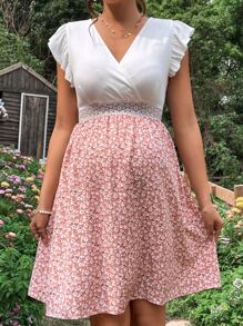 SHEIN Maternity Ditsy Floral Print Contrast Lace Ruffle Trim Dress - Multicolor - View 4