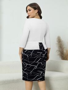 HOMEYEE 大碼幾何印花前鏤空連衣裙 - 黑與白 - 查看 2