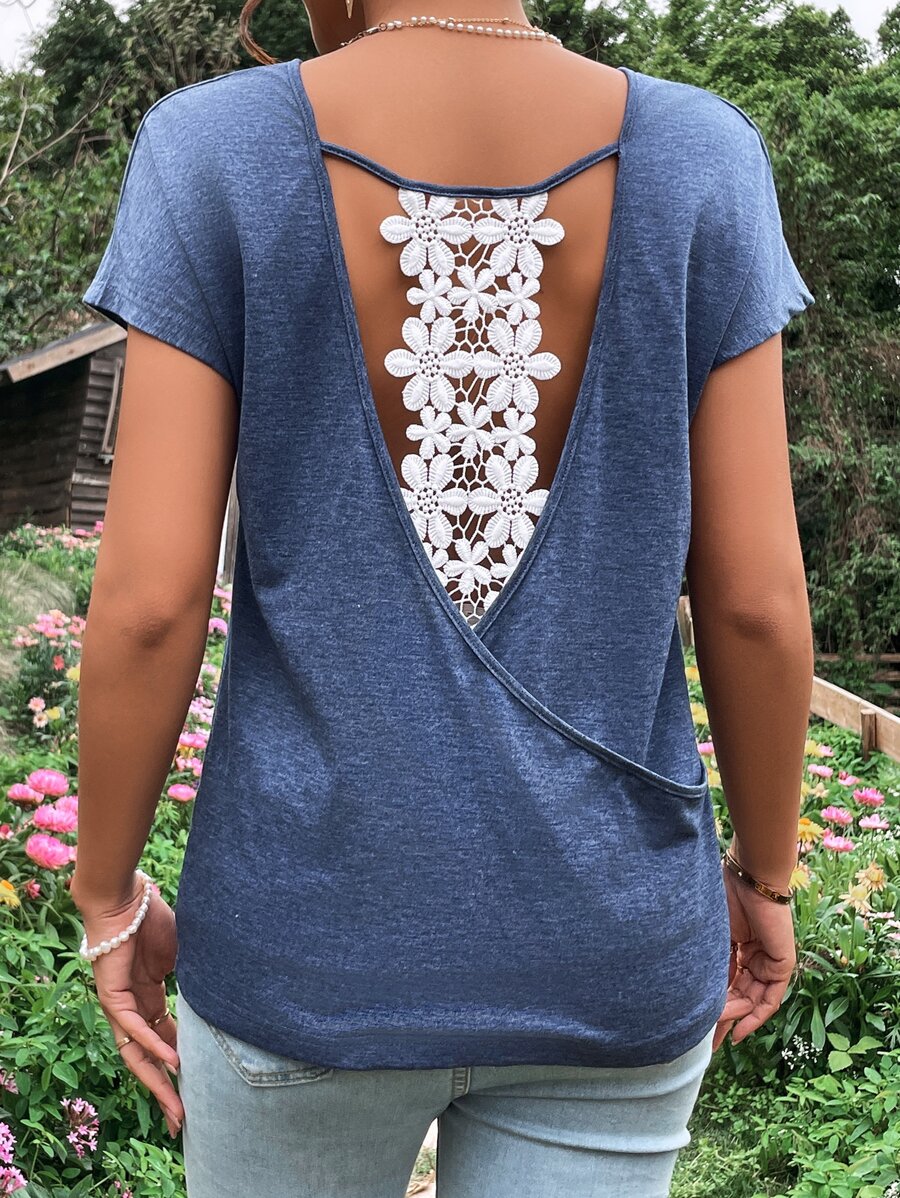 SHEIN Áo thun Bà bầu Lộ Lưng Tương phản ren Trọn gói Khối Màu Giải trí - Màu xanh lam - Xem 1