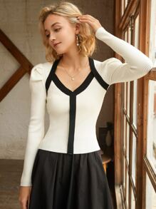 Knit Mix 拼接邊羊腿袖套頭毛衣 - 白色 - 查看 1