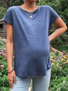 SHEIN Áo thun Bà bầu Lộ Lưng Tương phản ren Trọn gói Khối Màu Giải trí - Màu xanh lam - Xem 5