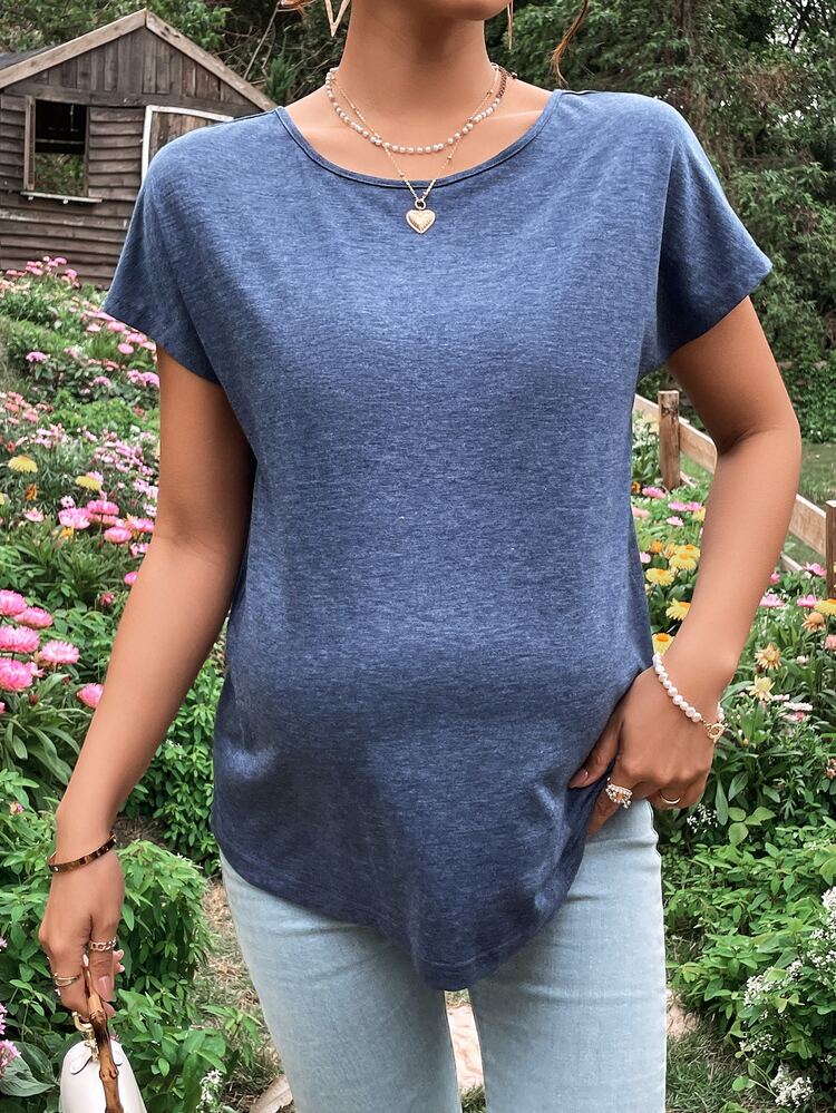 SHEIN Áo thun Bà bầu Lộ Lưng Tương phản ren Trọn gói Khối Màu Giải trí - Màu xanh lam - Xem 3