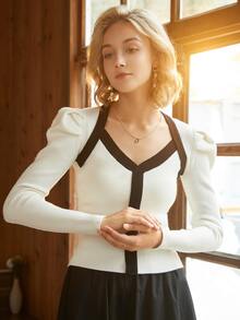 Knit Mix 拼接邊羊腿袖套頭毛衣 - 白色 - 查看 4