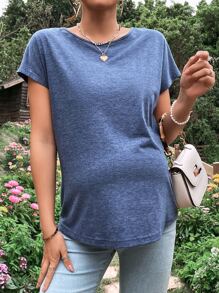 SHEIN Áo thun Bà bầu Lộ Lưng Tương phản ren Trọn gói Khối Màu Giải trí - Màu xanh lam - Xem 2