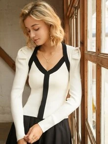 Knit Mix 拼接邊羊腿袖套頭毛衣 - 白色 - 查看 7