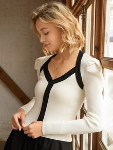 Knit Mix 拼接邊羊腿袖套頭毛衣 - 白色 - 查看 9