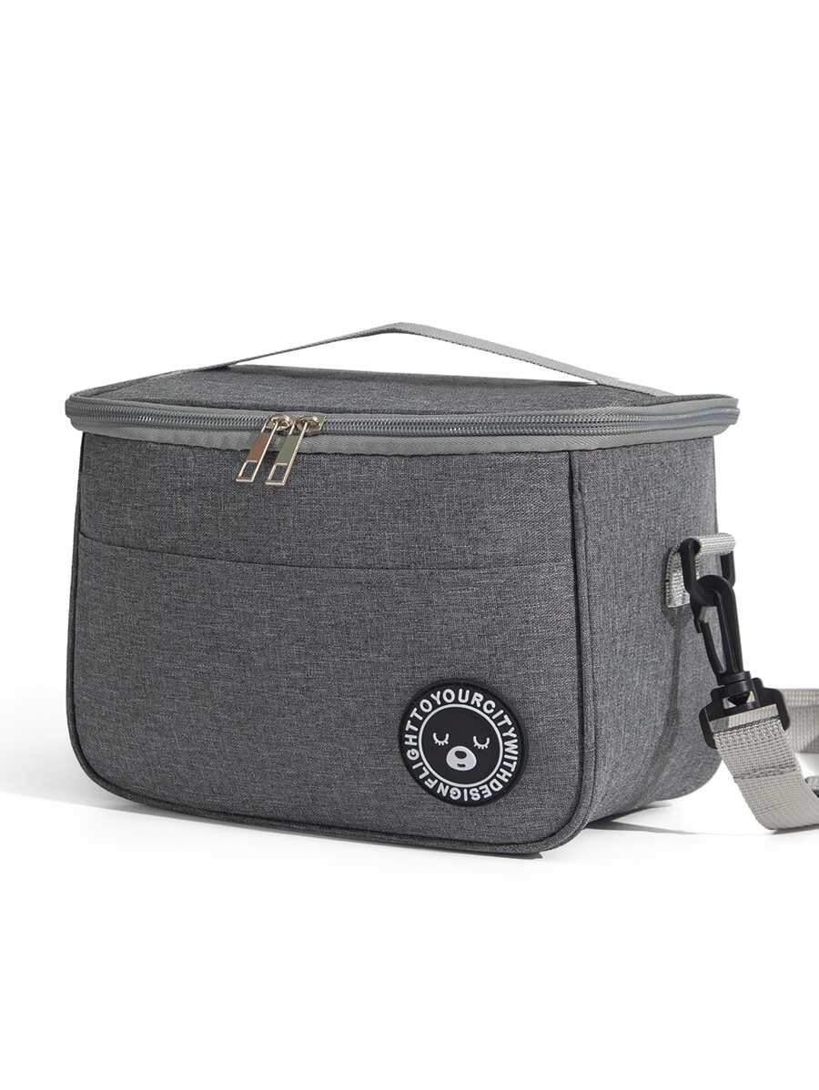 1pc Patch Decor Lunch Bag, Polyester Lunch Box Storage Bag For Outdoor - Grey - View 1