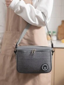 1pc Patch Decor Lunch Bag, Polyester Lunch Box Storage Bag For Outdoor - Grey - View 4