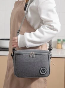 1pc Patch Decor Lunch Bag, Polyester Lunch Box Storage Bag For Outdoor - Grey - View 5