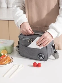 1pc Patch Decor Lunch Bag, Polyester Lunch Box Storage Bag For Outdoor - Grey - View 6