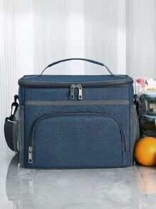 1 bolsa de almuerzo portátil con aislamiento térmico, diseño simple, gran capacidad, forro de papel de aluminio, para estudiantes y trabajadores de oficina, adecuada para picnic - Azul Marino - Ver 1