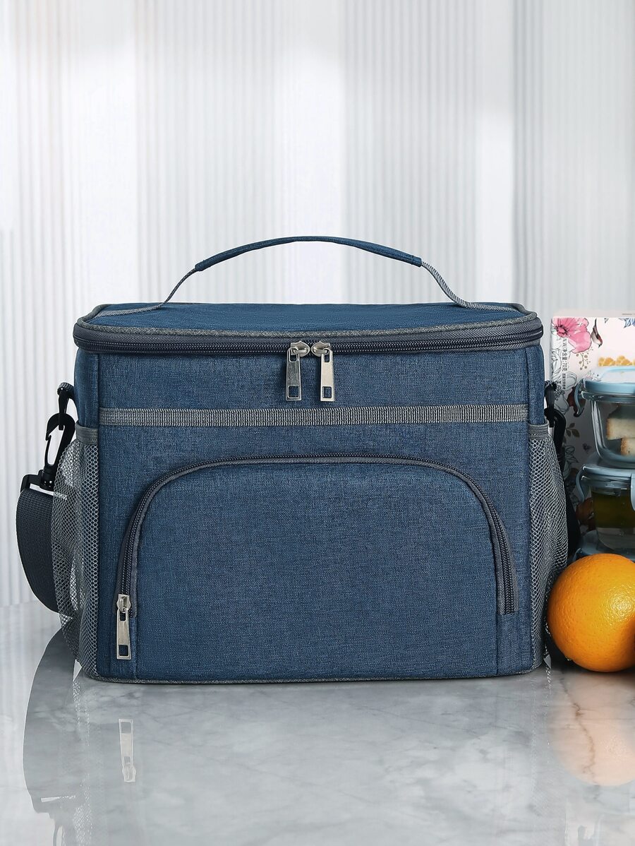 1 bolsa de almuerzo portátil con aislamiento térmico, diseño simple, gran capacidad, forro de papel de aluminio, para estudiantes y trabajadores de oficina, adecuada para picnic - Azul Marino - Ver 1