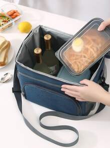 1 bolsa de almuerzo portátil con aislamiento térmico, diseño simple, gran capacidad, forro de papel de aluminio, para estudiantes y trabajadores de oficina, adecuada para picnic - Azul Marino - Ver 3