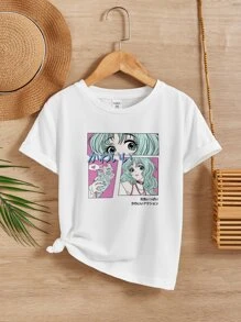 SHEIN 青少年女孩人物和標語圖案T恤 - 白色 - 查看 1