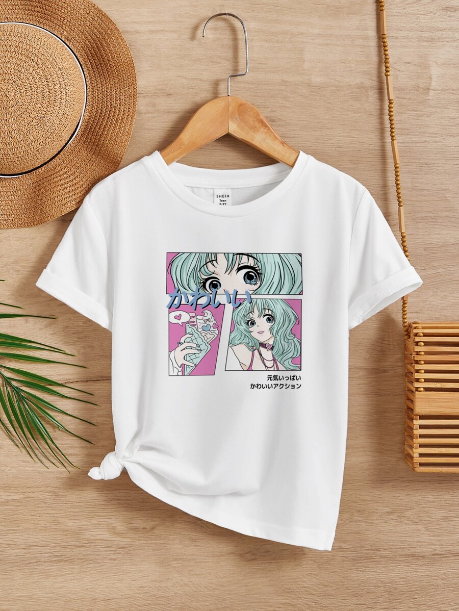 SHEIN 青少年女孩人物和標語圖案T恤 - 白色 - 查看 1