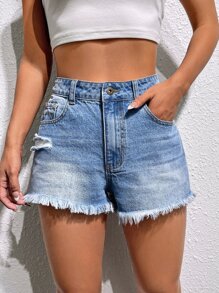 SHEIN EZwear Ripped Raw Hem Denim Shorts - Light Wash - View 1