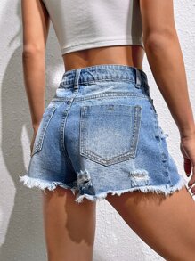 SHEIN EZwear Ripped Raw Hem Denim Shorts - Light Wash - View 2