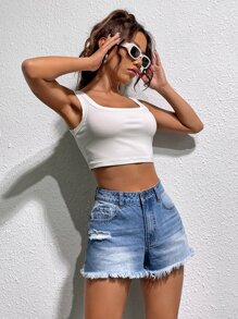 SHEIN EZwear Ripped Raw Hem Denim Shorts - Light Wash - View 5