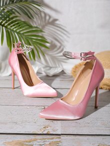 Women Rhinestone Decor Point Toe Stiletto Heeled Pumps, Glamorous Satin Ankle Strap Pumps For Outdoor - Pink - View 2