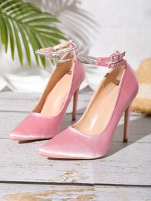Women Rhinestone Decor Point Toe Stiletto Heeled Pumps, Glamorous Satin Ankle Strap Pumps For Outdoor - Pink - View 6