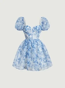 SHEIN MOD Floral Print Puff Sleeve Dress - Blue and White - View 1
