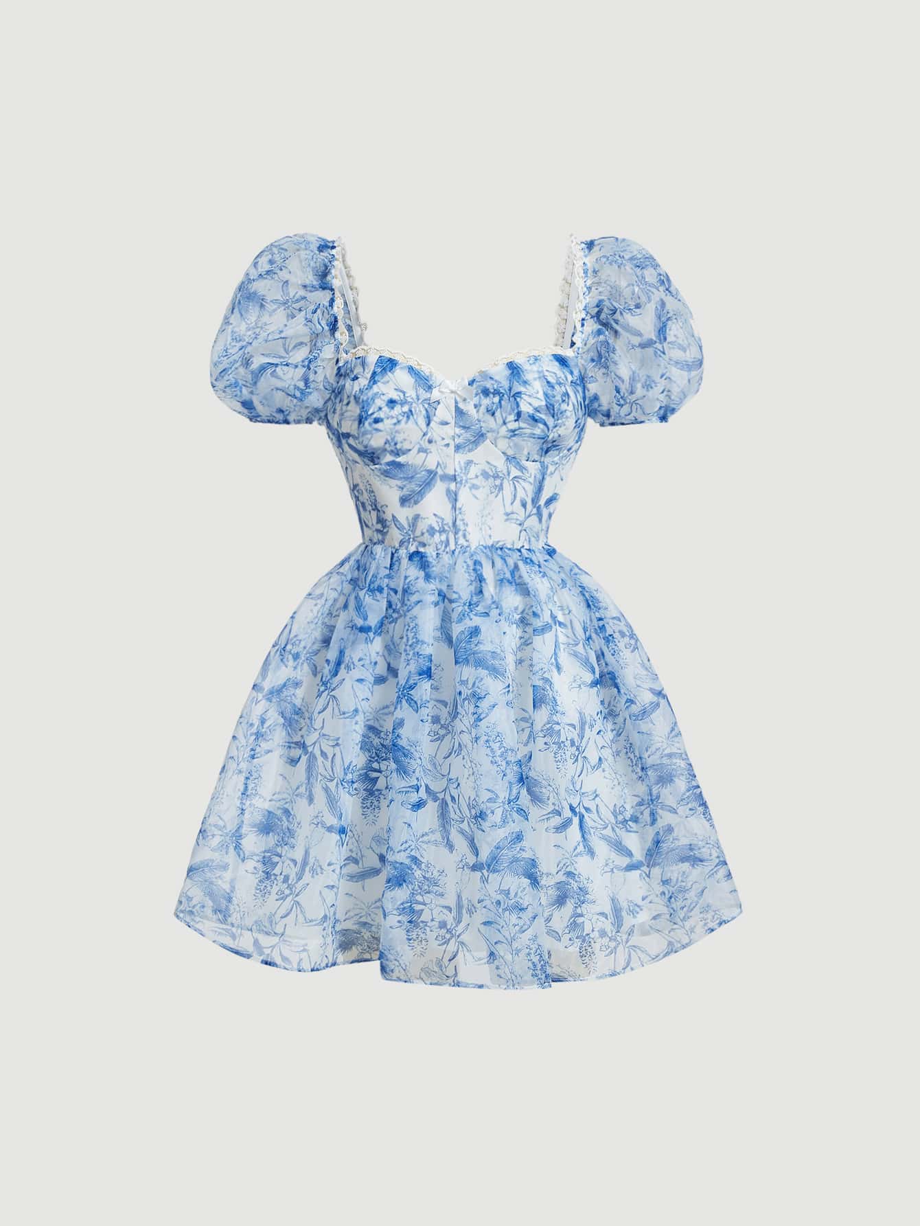 SHEIN MOD Floral Print Puff Sleeve Dress - Blue and White - View 1