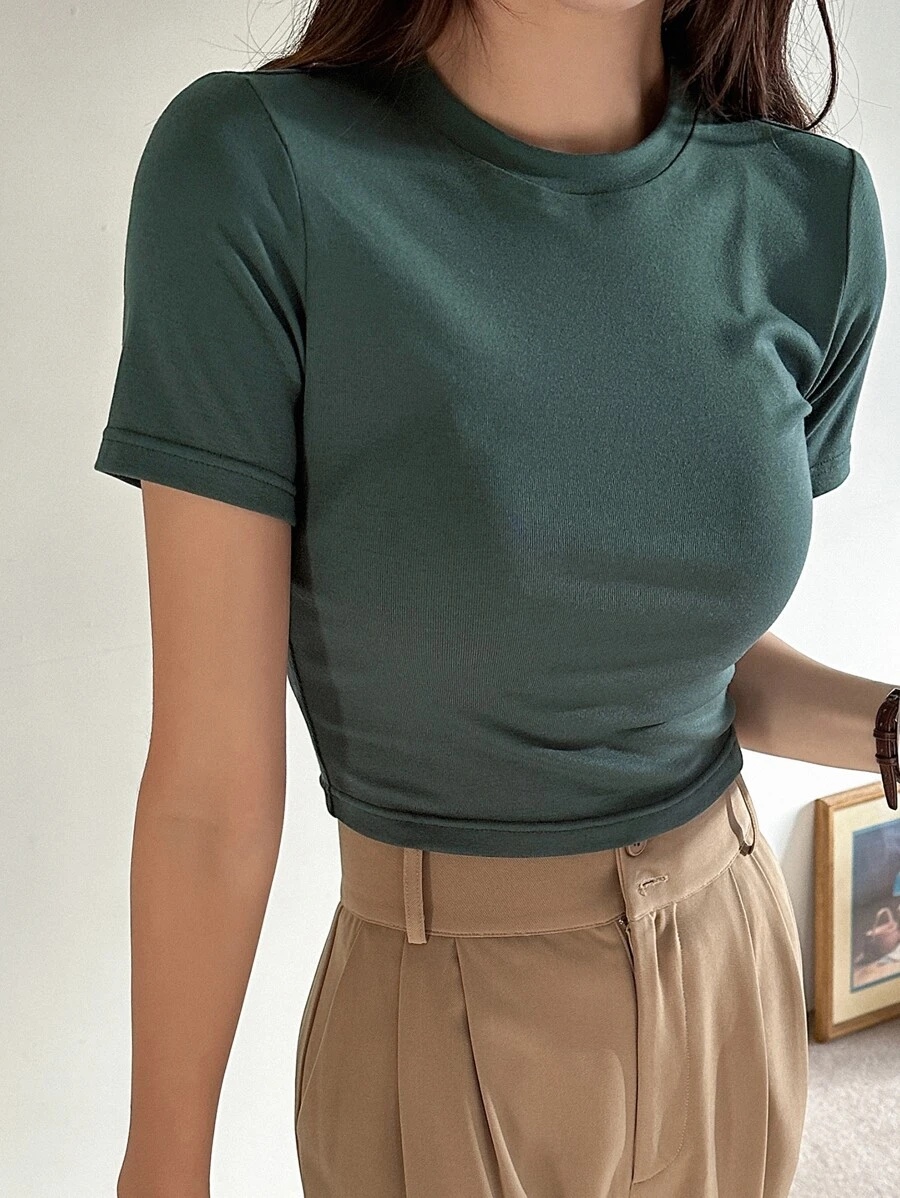 DAZY 實色短版t恤 - 墨綠色 - 查看 1