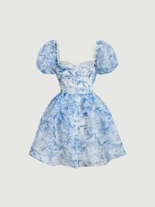 SHEIN MOD Floral Print Puff Sleeve Dress - Blue and White - View 2